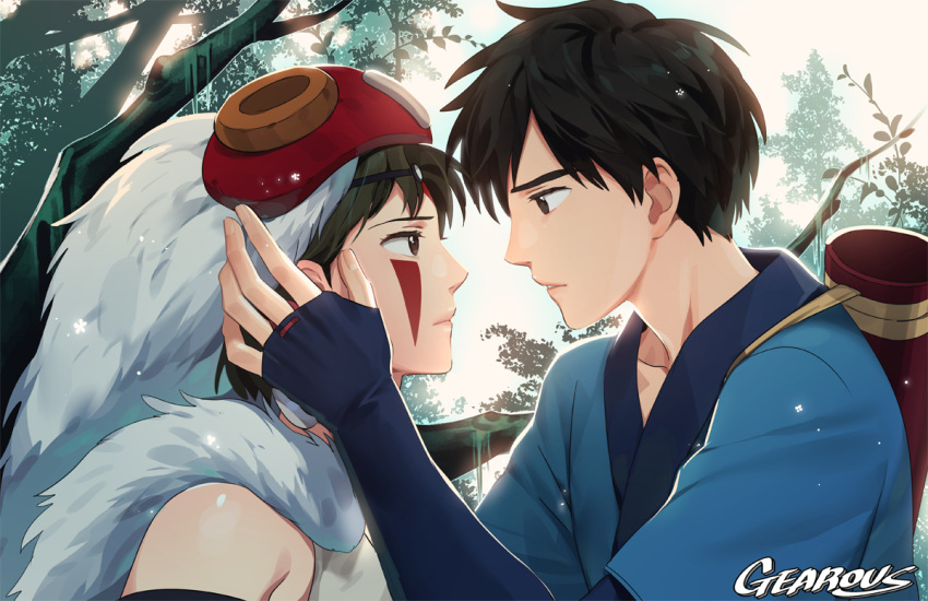 1boy 1girl artist_name ashitaka brown_eyes brown_hair eye_contact facial_mark gearous hand_on_another's_face hetero japanese_clothes looking_at_another mononoke_hime parted_lips profile quiver san tree