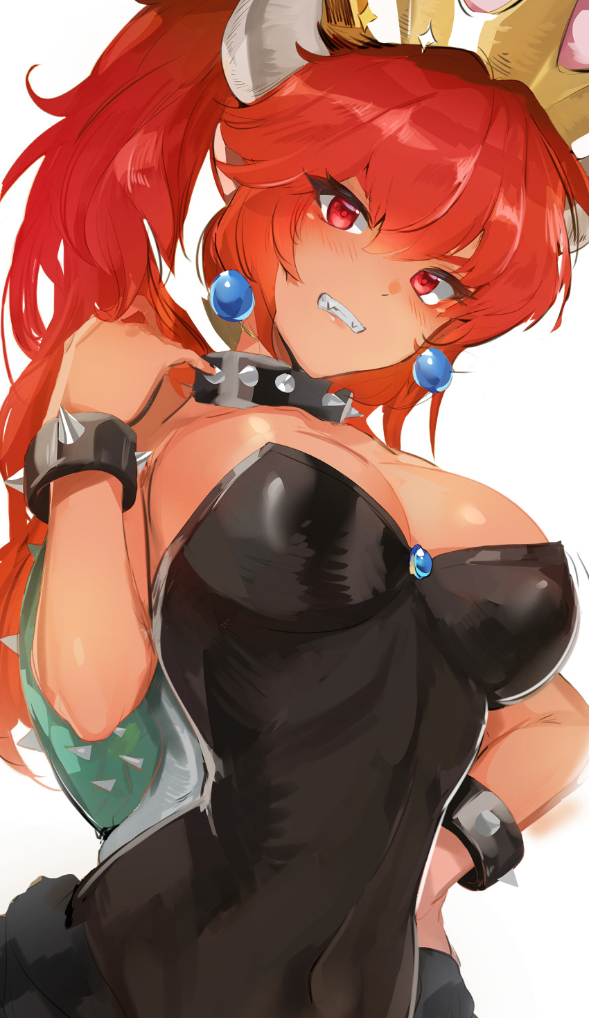 1girl bowsette bracelet breasts cleavage clenched_teeth collar covered_navel crown dark_skin earrings from_below glint gradient_hair hand_on_hip highres horns jewelry large_breasts long_hair looking_at_viewer looking_down super_mario_bros. multicolored_hair navel new_super_mario_bros._u_deluxe nintendo orange_hair ormille parted_lips pointy_ears ponytail red_eyes redhead shell shiny shiny_hair simple_background spiked_bracelet spiked_collar spiked_shell spikes strapless super_crown teeth upper_body white_background