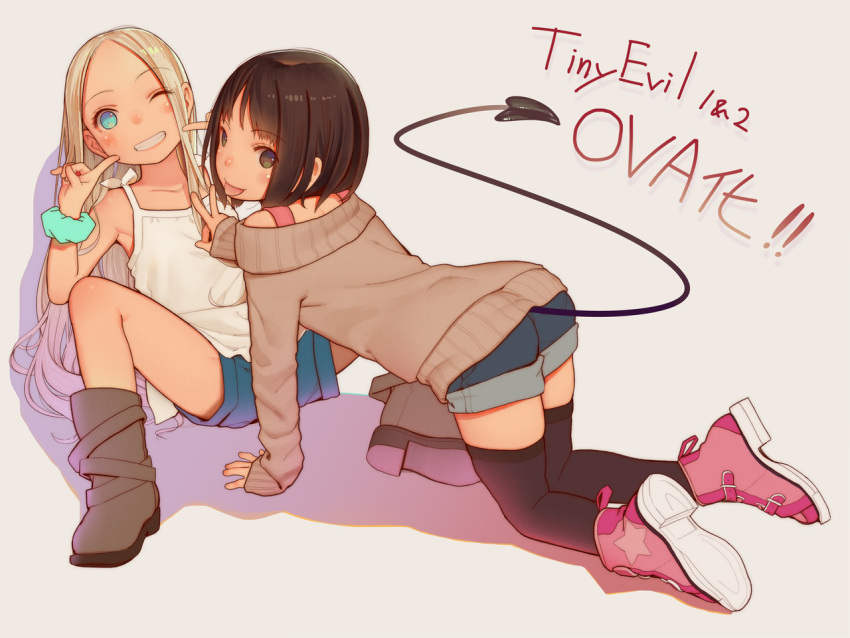 2girls :p ;) all_fours announcement_celebration black_legwear blonde_hair blue_eyes boots brown_hair commentary_request demon_tail eyebrows_visible_through_hair eyes_visible_through_hair grin kagamine-ikka long_hair looking_at_viewer multiple_girls one_eye_closed original pink_footwear pointing pointing_at_self scrunchie short_hair short_shorts shorts simple_background smile spread_legs sweater tail thigh-highs tongue tongue_out v wrist_scrunchie