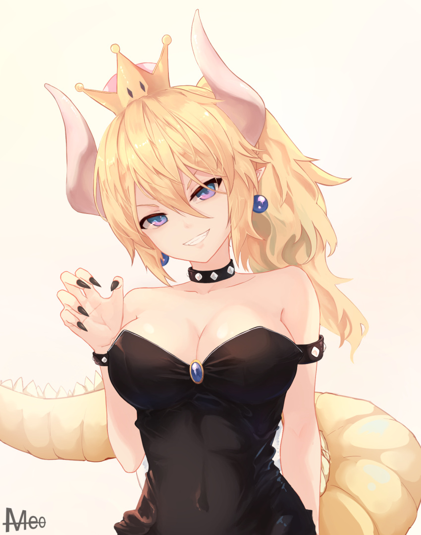 1girl armlet artist_name bare_shoulders black_nails blonde_hair blue_eyes bowsette bracelet breasts cleavage clenched_teeth collar collarbone covered_navel crown earrings highres horns jewelry looking_at_viewer super_mario_bros. medium_breasts meo_(1271884559) multicolored multicolored_eyes nail_polish new_super_mario_bros._u_deluxe nintendo pink_eyes pointy_ears smile solo spiked_armlet spiked_bracelet spiked_collar spikes super_crown tail teeth