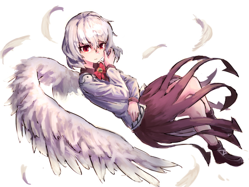 1girl bangs black_footwear bow bowtie closed_mouth feathered_wings feathers full_body hair_between_eyes highres kishin_sagume long_sleeves nob1109 purple_skirt red_bow red_eyes red_neckwear short_hair simple_background skirt solo touhou white_background white_hair white_wings wings