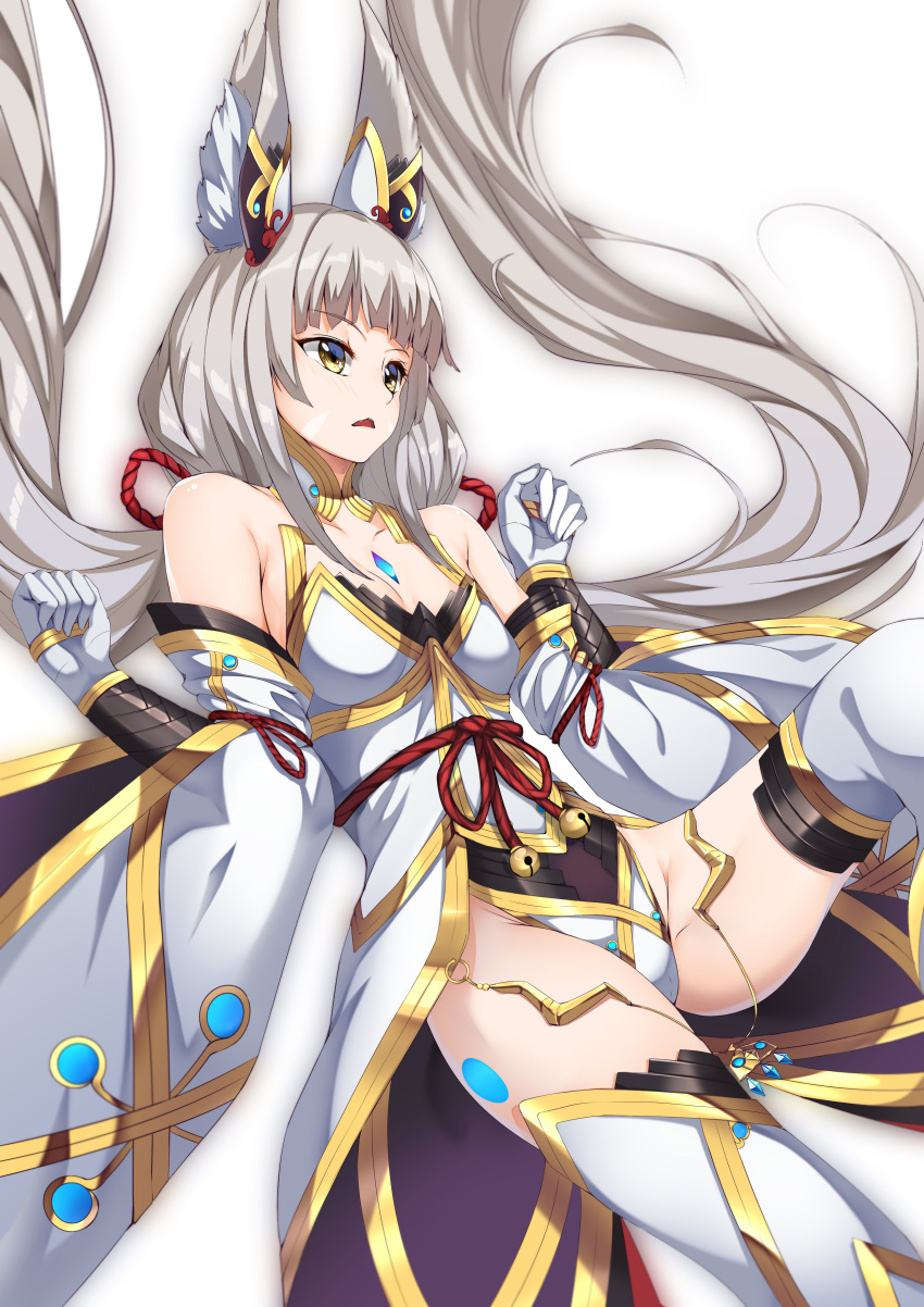 1girl absurdres animal_ears bare_shoulders blurry breasts c_(pixiv3064042) cat_ears chinese_commentary cleavage commentary_request eyebrows_visible_through_hair facial_mark gloves grey_hair highres long_hair looking_away low_twintails nintendo niyah open_mouth simple_background small_breasts solo thigh-highs twintails very_long_hair white_background white_gloves white_legwear xenoblade_(series) xenoblade_2 yellow_eyes