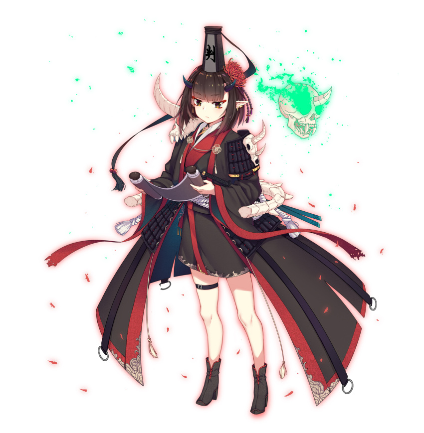 1girl animal_skull bangs black_coat black_footwear black_kimono boots brown_eyes brown_hair closed_mouth coat commentary_request eyebrows_visible_through_hair flower glowing hair_flower hair_ornament hat highres holding horns japanese_clothes jie_(530940004) kimono long_sleeves makeup mini_hat obi open_clothes open_coat original red_flower sash short_hair short_kimono simple_background skindentation skull solo spine standing thigh_strap white_background wide_sleeves