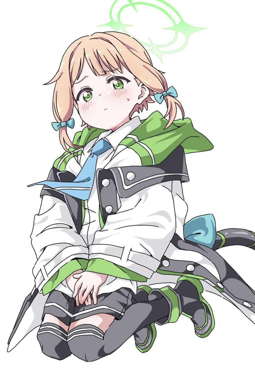 1girl :&lt; black_footwear black_shorts black_thighhighs blonde_hair blue_archive blue_necktie blush bow cat_tail coat commentary_request fujiwara_tatsuroo full_body green_bow green_eyes green_halo hair_bow halo highres long_sleeves looking_at_viewer medium_hair midair midori_(blue_archive) necktie oversized_clothes shirt shorts sidelocks solo sweat tail tail_bow tail_ornament thigh-highs thighs white_background white_coat white_shirt wing_collar