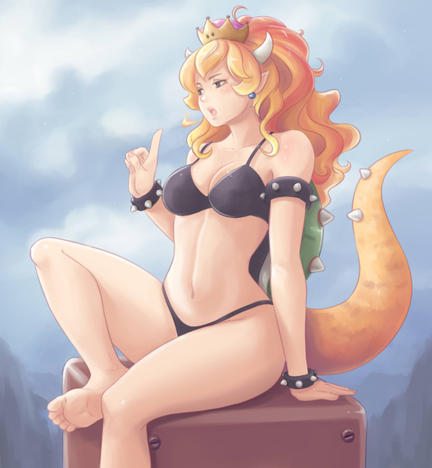 123hamster 1girl bikini black_bikini blonde_hair blue_eyes blurry blurry_background bowsette bracelet breasts cleavage earrings facing_viewer highres horns jewelry long_hair looking_to_the_side medium_breasts navel new_super_mario_bros._u_deluxe nintendo open_mouth pointy_ears sitting solo spiked_armlet spiked_bracelet spiked_shell spiked_tail spikes super_crown super_mario_bros. swimsuit tail tail_raised