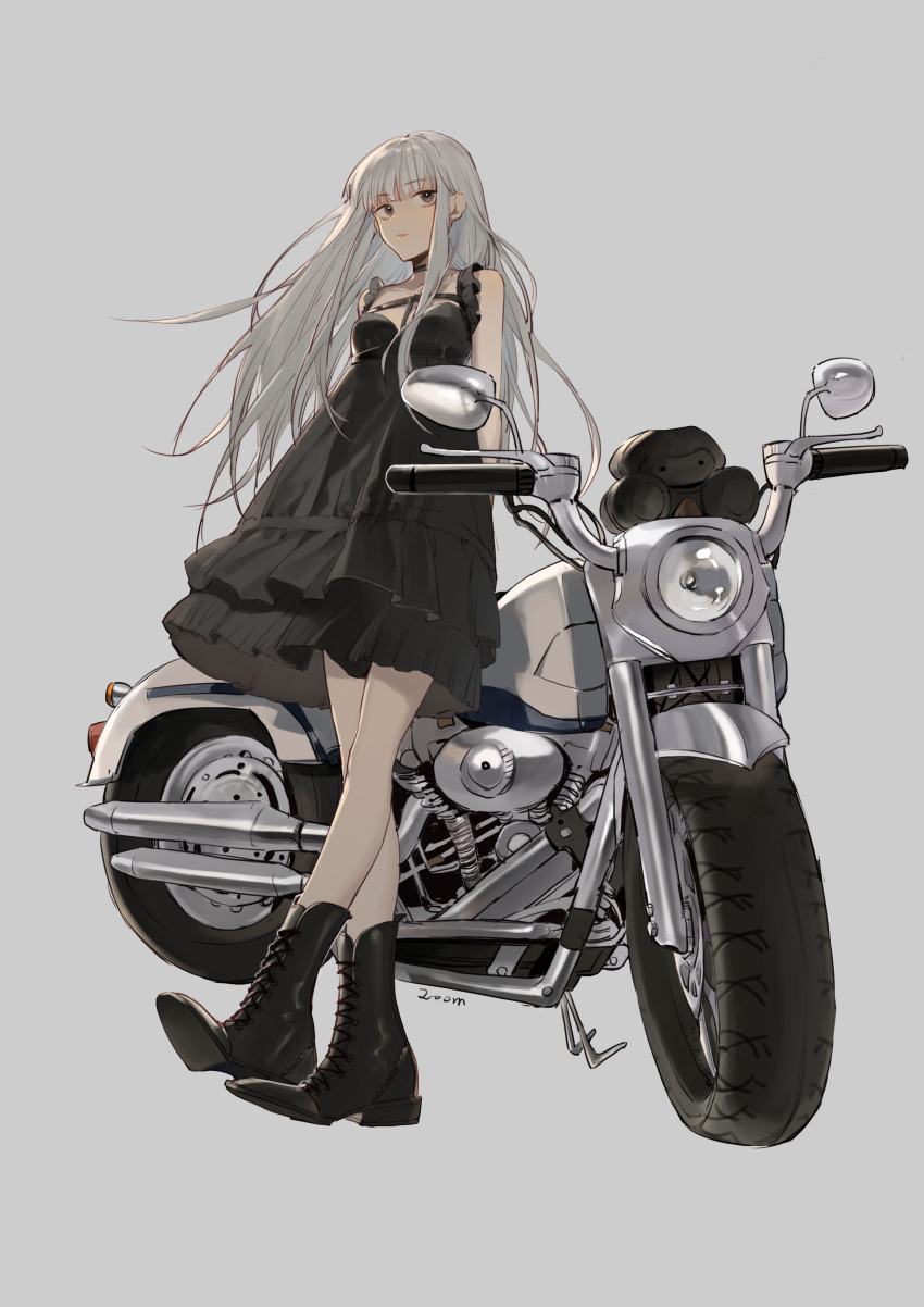 1girl absurdres bangs bare_shoulders black_dress black_footwear boots breasts brown_eyes cross-laced_footwear dress eyebrows_visible_through_hair full_body grey_background grey_hair ground_vehicle highres lace-up_boots layered_dress long_hair looking_at_viewer motor_vehicle motorcycle original parted_lips pleated_dress signature simple_background sleeveless sleeveless_dress small_breasts solo standing very_long_hair zhibuji_loom
