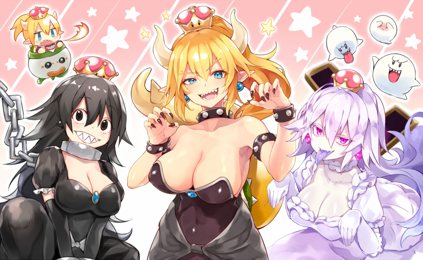 4girls :d bangs black_dress black_eyes black_gloves black_hair black_nails blonde_hair blue_eyes boo bowsette bowsette_jr. bracelet breasts chains chibi claw_pose cleavage collar commentary_request crown dress earrings elbow_gloves eyebrows_visible_through_hair fingernails fire frilled_dress frilled_gloves frills ghost_pose gloves glowing glowing_eyes grin hair_between_eyes hands_up highres horns jewelry large_breasts lavender_hair long_hair looking_at_viewer super_mario_bros. mini_crown multiple_girls nail_polish new_super_mario_bros._u_deluxe nintendo open_mouth pointy_ears princess_chain_chomp princess_king_boo puffy_short_sleeves puffy_sleeves purple_tongue sharp_teeth short_sleeves silver_hair smile spiked_bracelet spiked_collar spiked_shell spiked_tail spikes star strapless strapless_dress sukemyon super_crown tail tail_raised teeth tongue tongue_out turtle_shell very_long_hair violet_eyes white_dress white_gloves