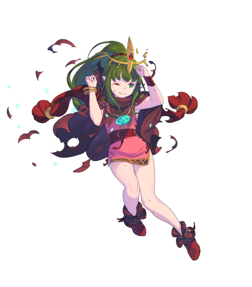 1girl arms_up bangs bracelet brown_footwear cape chiki clenched_teeth dress fire_emblem fire_emblem:_mystery_of_the_emblem fire_emblem_heroes full_body green_eyes green_hair hair_ornament highres hood jewelry mamkute nagisa_kurousagi nintendo official_art one_eye_closed pink_dress pink_legwear pointy_ears ponytail scar shiny shiny_hair shiny_skin stone teeth tiara torn_cape torn_clothes transparent_background