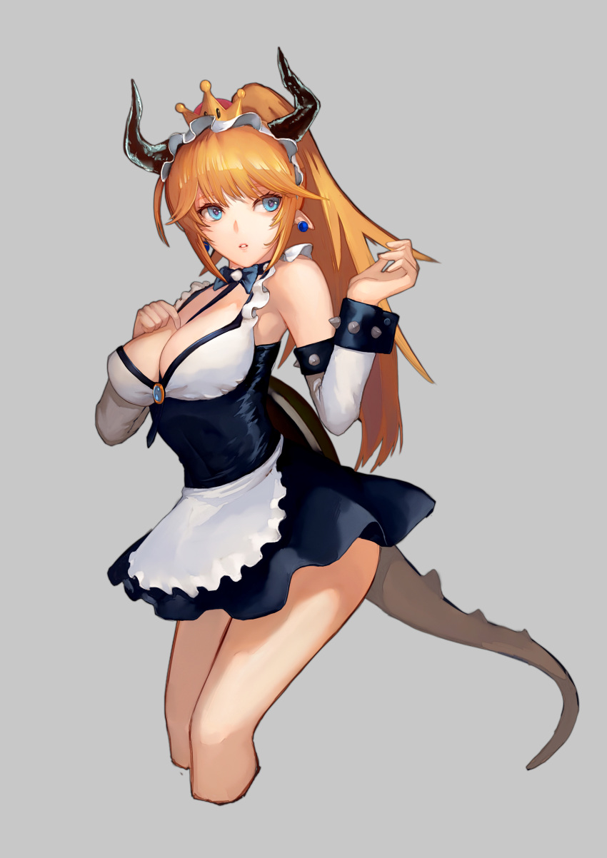 1girl aako absurdres alternate_costume apron blonde_hair blue_eyes bow bowsette bowtie breasts cleavage collar cropped_legs earrings enmaided frills grey_background highres horns jewelry long_hair looking_to_the_side maid super_mario_bros. miniskirt new_super_mario_bros._u_deluxe nintendo parted_lips pointy_ears ponytail shiny shiny_clothes simple_background skirt solo spiked_collar spiked_tail spikes super_crown waist_apron