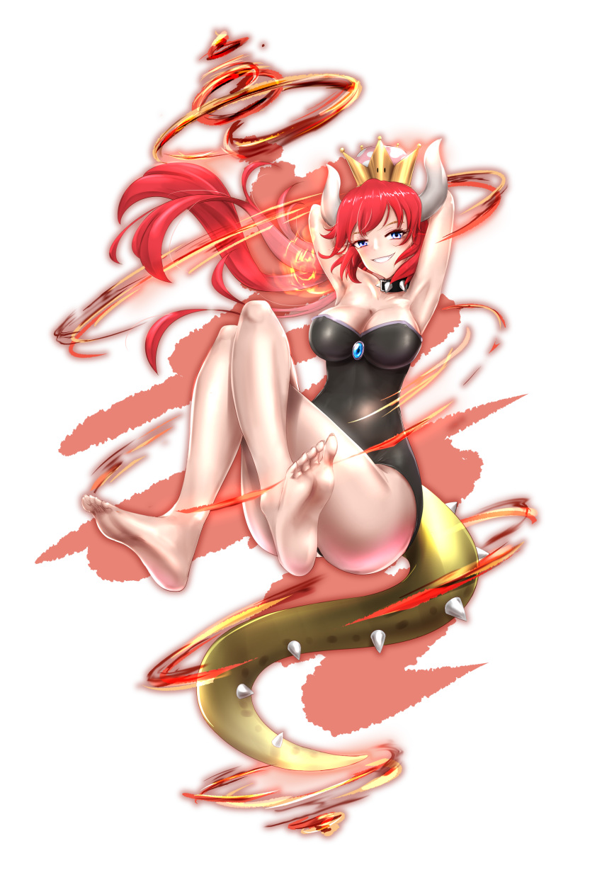 1girl absurdres armpits arms_behind_head arms_up bare_shoulders blue_eyes blush bowsette bracelet breasts cleavage collar crown dress earrings highres horns jewelry large_breasts long_hair looking_at_viewer super_mario_bros. nintendo p_ion pointy_ears ponytail red_eyes sharp_teeth shell solo spiked_bracelet spiked_collar spikes super_crown tail teeth