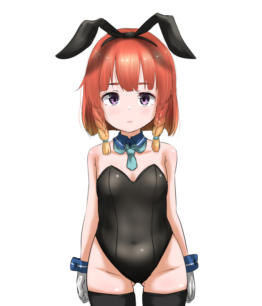 1girl alternate_costume animal_ears aqua_neckwear blonde_hair blush bunny_girl bunnysuit closed_mouth etorofu_(kantai_collection) eyebrows_visible_through_hair fake_animal_ears gloves gluteal_fold highres kantai_collection looking_at_viewer multicolored_hair necktie rabbit_ears redhead simple_background solo tama_(seiga46239239) twintails violet_eyes white_background white_gloves