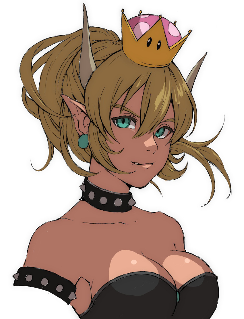 1girl artist_request blonde_hair blue_eyes bowsette breasts cleavage collar collarbone crown highres horns large_breasts super_mario_bros. new_super_mario_bros._u_deluxe nintendo spiked_armlet spiked_collar spikes super_crown