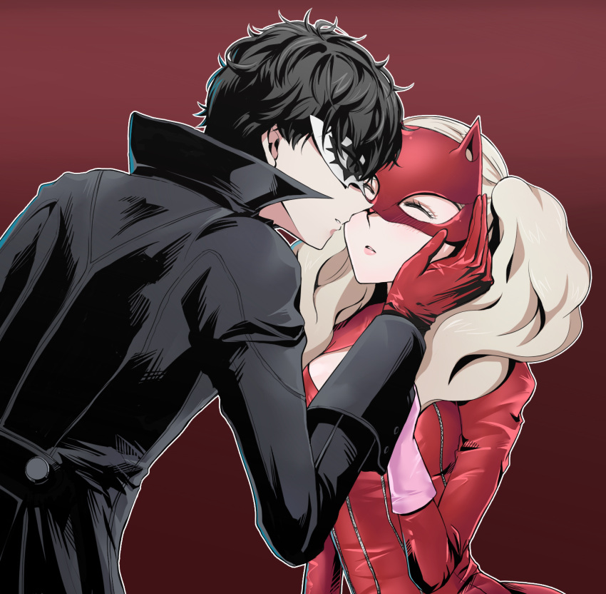 1boy 1girl amamiya_ren atlus black_coat black_hair blonde_hair bodysuit cat_mask cleavage_cutout closed_eyes couple cute gloves hand_on_another's_cheek hand_on_another's_face highres imminent_kiss long_hair love megami_tensei parted_lips persona persona_5 pink_gloves red_background red_bodysuit red_gloves takamaki_anne twintails yolkyao