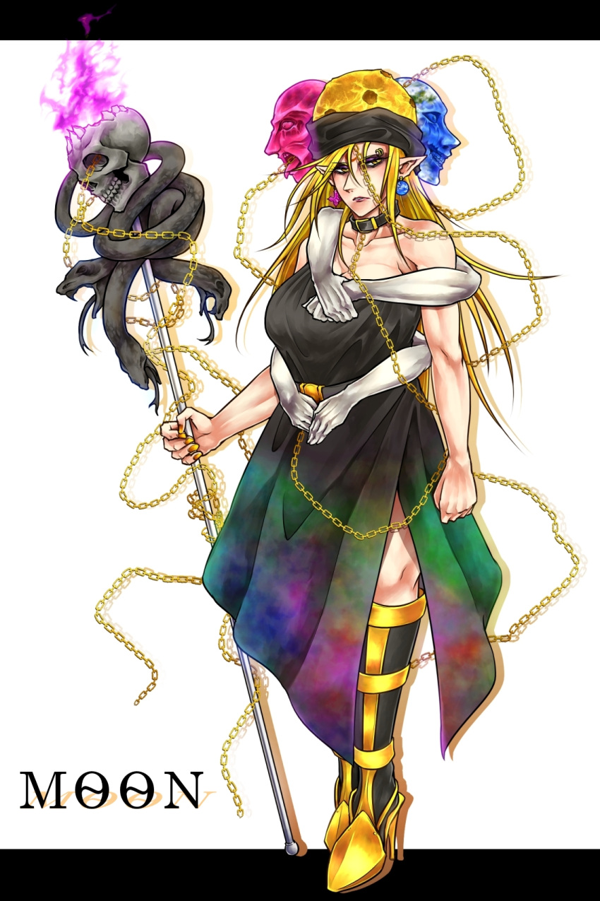 1girl adapted_costume bare_shoulders belt blonde_hair boots breasts chains collar earrings expressionless fire grin hecatia_lapislazuli highres jewelry knee_boots long_hair moon_(ornament) nail_polish off_shoulder purple_fire ryuuichi_(f_dragon) skull smile snake staff tongue tongue_out touhou tunic yellow_eyes yellow_nails