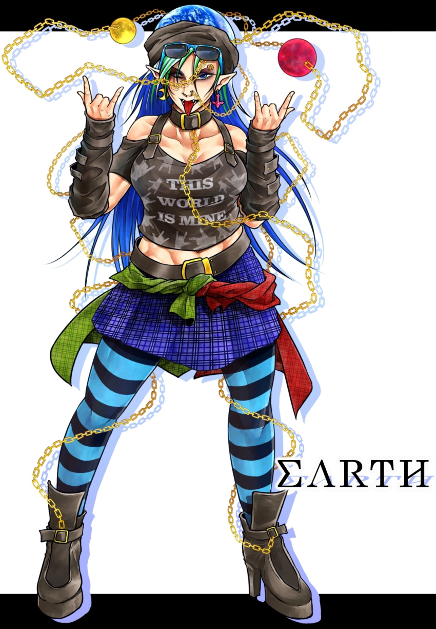 1girl ;p \m/ abs adapted_costume arm_warmers bare_shoulders belt belt_boots black_footwear blue_eyes blue_hair boots breasts chains collar commentary_request double_\m/ earrings earth_(ornament) english green_hair hecatia_lapislazuli high_heel_boots high_heels highres jewelry leather leather_boots long_hair moon_(ornament) multicolored_hair one_eye_closed orb pantyhose pointy_ears ryuuichi_(f_dragon) skirt striped striped_legwear sunglasses toned tongue tongue_out touhou two-tone_hair