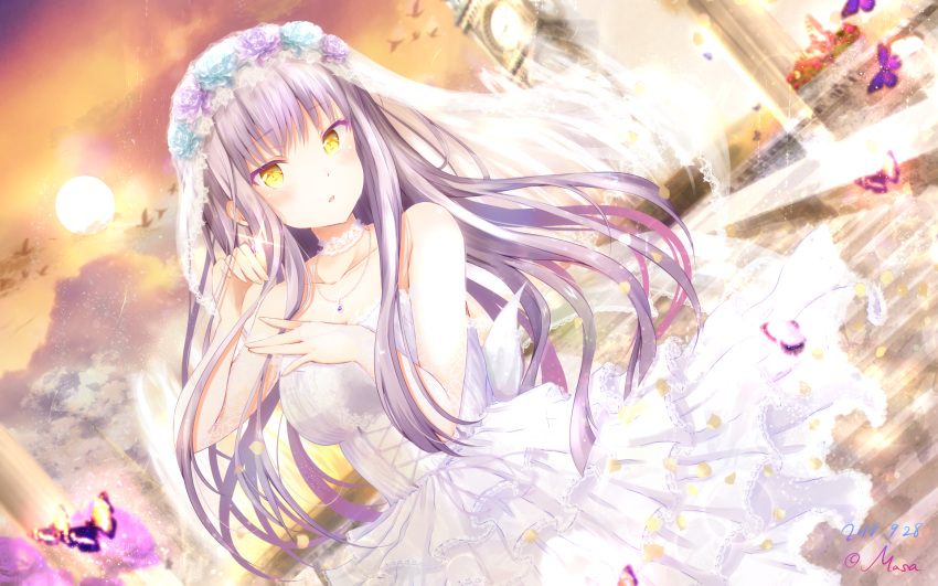 1girl \||/ artist_name bang_dream! bangs blue_flower blue_rose blush bridal_veil bug butterfly choker clock clock_tower commentary_request dated dress dutch_angle earrings eyebrows_visible_through_hair flower glint hand_on_own_chest head_wreath highres insect jewelry lace lace_choker long_hair masa_(mirage77) minato_yukina outdoors parted_lips pendant purple_flower purple_hair purple_rose rose solo strapless strapless_dress tower veil wallpaper wedding_dress white_choker white_dress yellow_eyes
