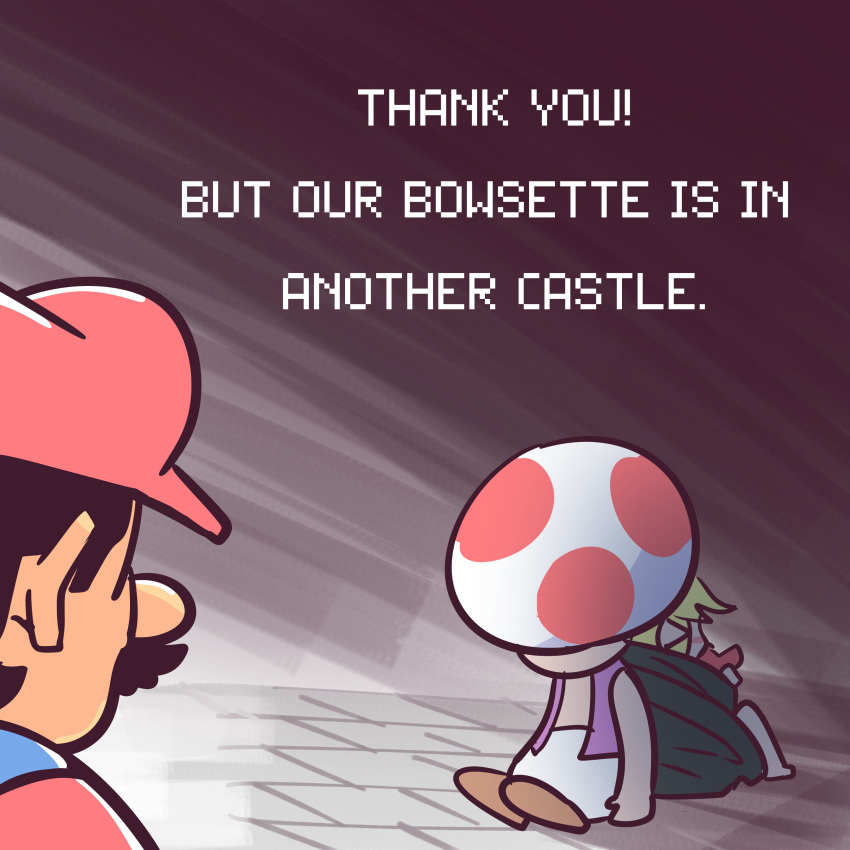 1girl 1koma 2boys absurdres black_dress bound bowsette comic commentary dress gimme2000 hat highres mario super_mario_bros. multiple_boys new_super_mario_bros._u_deluxe nintendo red_hat tied_up toad