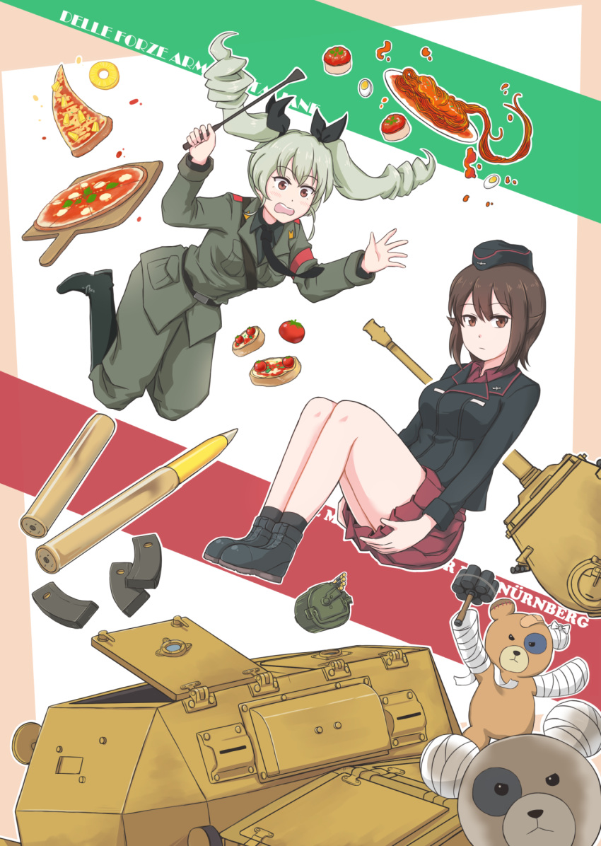 2girls ammunition anchovy ankle_boots anzio_military_uniform bandage bandaid bangs belt black_belt black_footwear black_hat black_jacket black_legwear black_neckwear black_ribbon black_shirt boko_(girls_und_panzer) boots brown_eyes brown_hair closed_mouth commentary commentary_request cover cover_page doujin_cover dress_shirt drill_hair explosive eyebrows_visible_through_hair food frown garrison_cap german german_commentary girls_und_panzer green_hair grenade grey_jacket grey_pants ground_vehicle hair_ribbon hat highres holding invisible_chair italian italian_commentary jacket knee_boots kuromorimine_military_uniform light_frown long_hair long_sleeves looking_at_viewer military military_hat military_uniform military_vehicle miniskirt motor_vehicle multiple_girls necktie nishizumi_maho open_mouth pants pasta pizza pleated_skirt red_eyes red_shirt red_skirt ribbon riding_crop sam_browne_belt selby semovente_75/18 shirt short_hair sitting skirt socks spaghetti stuffed_animal stuffed_toy tank tank_shell teddy_bear tiger_i twin_drills twintails uniform