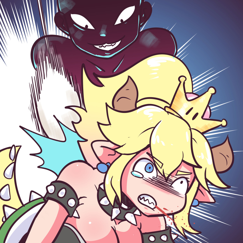 1girl 1koma 1other absurdres bangs black_dress blonde_hair blood blood_from_mouth blue_eyes bowsette bracelet brooch collar comic commentary dress earrings gimme2000 hair_between_eyes highres horns jewelry long_ponytail super_mario_bros. new_super_mario_bros._u_deluxe nintendo pointy_ears spiked_armlet spiked_bracelet spiked_collar spiked_shell spiked_tail spikes super_crown tearing_up thick_eyebrows