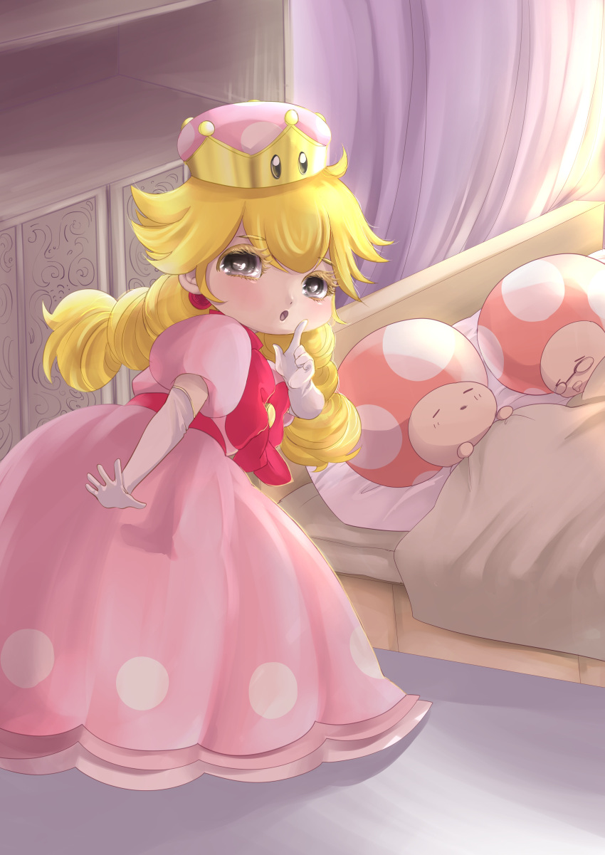 1girl 2boys absurdres bed blonde_hair bow braid canopy_bed dress earrings elbow_gloves eyebrows_visible_through_hair finger_to_mouth gloves grey_eyes highres jewelry looking_at_viewer looking_back super_mario_bros. multiple_boys new_super_mario_bros._u_deluxe nintendo peachette pink_dress puffy_short_sleeves puffy_sleeves short_sleeves shushing solo super_crown toad toadette twin_braids