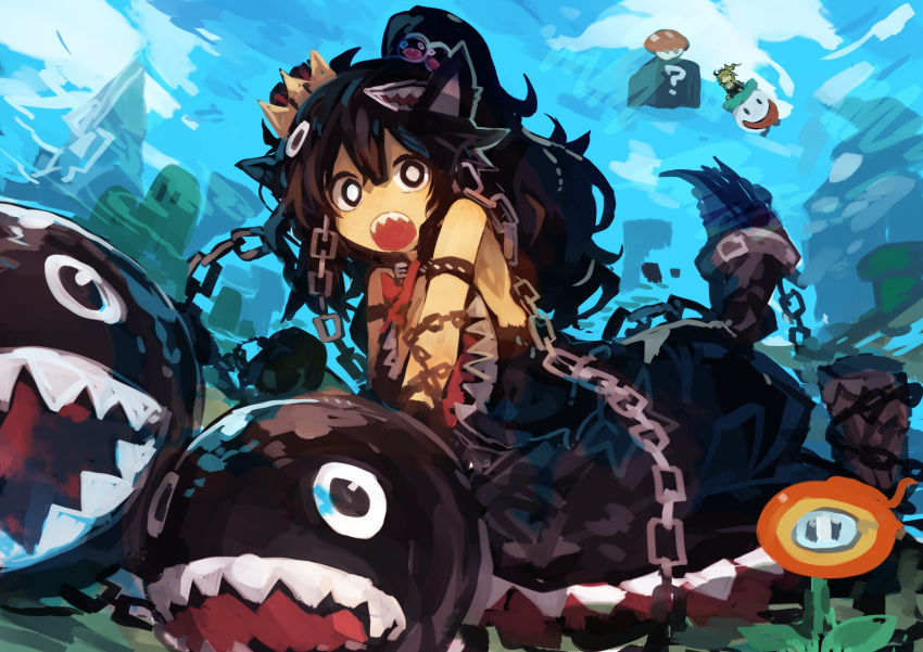 2girls :o absurdres animal_ears armlet black_eyes black_hair blonde_hair blue_sky bowsette chain_chomp chains collar day fire_flower hair_ornament highres kaamin_(mariarose753) koopa_clown_car long_hair looking_at_viewer super_mario_bros. multiple_girls new_super_mario_bros._u_deluxe nintendo outdoors ponytail princess_chain_chomp sharp_teeth sky spiked_armlet super_crown super_mushroom tail teeth white_pupils