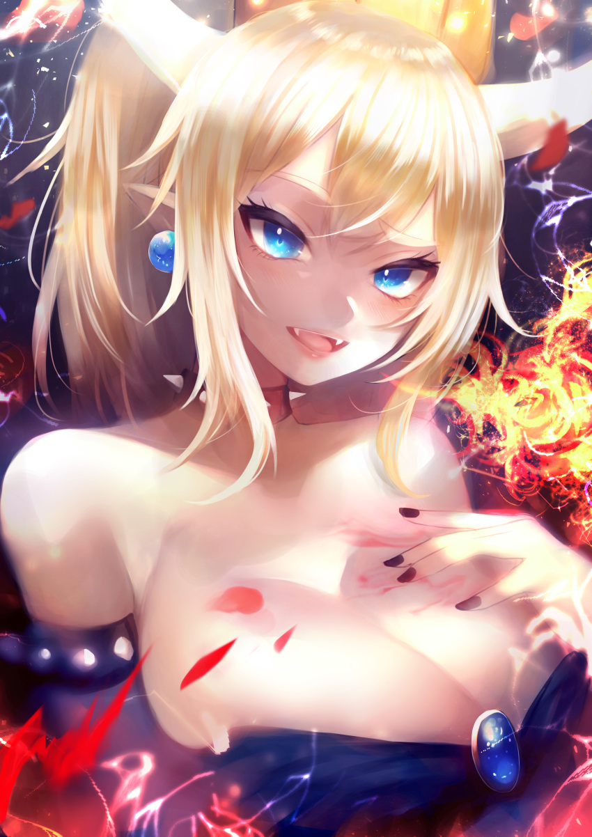 1girl absurdres arm_at_side bangs bare_shoulders black_dress black_nails blonde_hair blue_earrings blush bowsette bracelet breasts breathing_fire brooch cleavage collar dress energy fangs fire hair_between_eyes hand_on_own_chest head_tilt highres horns huge_breasts jewelry light light_blue_eyes looking_at_viewer super_mario_bros. nail_polish new_super_mario_bros._u_deluxe nintendo open_mouth pink_lips pointy_ears raised_eyebrow sakamoto_nozoumi shiny shiny_hair shiny_skin sidelocks smile solo spiked_bracelet spiked_collar spikes strapless strapless_dress super_crown tsurime upper_body