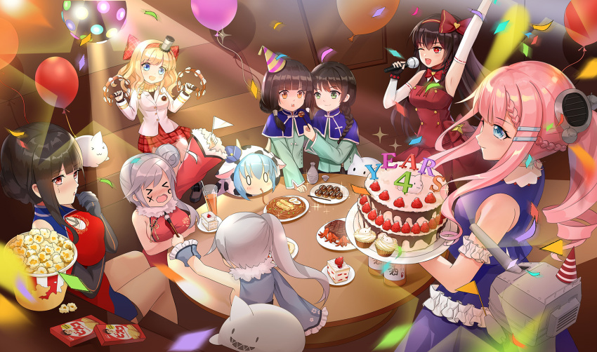 6+girls aoba_(zhan_jian_shao_nyu) arm_up armpits balloon black_hair blonde_hair blue_hair cake celebration chinese_clothes eating food highres multiple_girls ning_hai_(zhan_jian_shao_nyu) party pasta ping_hai_(zhan_jian_shao_nyu) plate popcorn quincy_(zhan_jian_shao_nyu) spaghetti table tamaxi yat_sen_(zhan_jian_shao_nyu) zhan_jian_shao_nyu