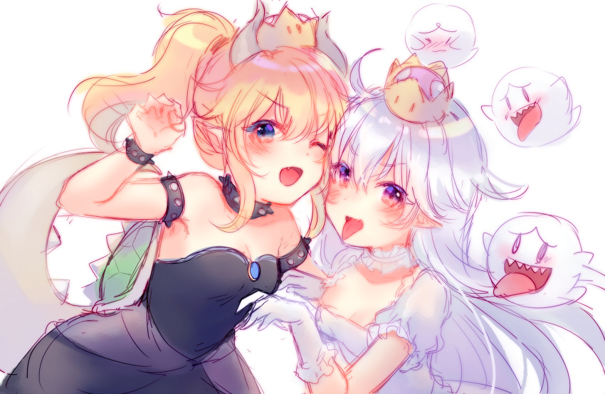 2girls ahoge bare_shoulders black_dress blonde_hair blue_eyes blush boo bowsette bracelet breasts claw_pose collar collarbone commentary crown detached_collar dress english_commentary fang fingernails frilled_collar frilled_dress frilled_gloves frills gloves hair_flaps highres horns jewelry long_fingernails long_hair looking_at_viewer luigi's_mansion super_mario_bros. mini_crown multiple_girls nail_polish new_super_mario_bros._u_deluxe nintendo open_mouth pointy_ears ponytail princess_king_boo puffy_short_sleeves puffy_sleeves short_sleeves shouu-kun sidelocks simple_background sketch sleeveless sleeveless_dress small_breasts smile spiked_armlet spiked_bracelet spiked_collar spiked_shell spiked_tail spikes strapless strapless_dress super_crown tongue tongue_out turtle_shell violet_eyes white_background white_dress white_gloves white_hair