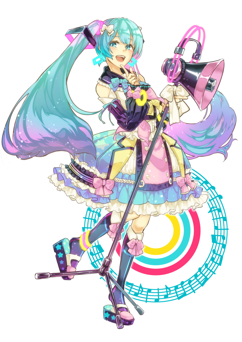 1girl :d absurdres azuma_kazamori blue_eyes blue_hair bow detached_sleeves earrings eyebrows_visible_through_hair floating_hair gradient_hair hair_bow hair_ornament hatsune_miku highres jewelry kneehighs leg_up long_hair looking_at_viewer magical_mirai_(vocaloid) megaphone multicolored_hair musical_note open_mouth pink_hair shiny shiny_hair skirt smile solo standing standing_on_one_leg twintails two-tone_hair very_long_hair vocaloid white_bow