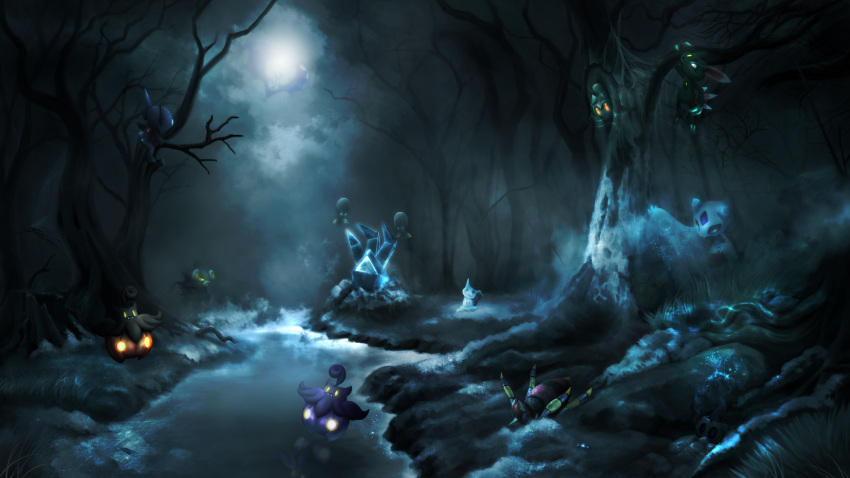 alternate_color ariados bare_tree commentary creatures_(company) elgyem english_commentary fog forest froslass frozen game_freak gen_2_pokemon gen_3_pokemon gen_4_pokemon gen_5_pokemon gen_6_pokemon gen_7_pokemon ghost glowing glowing_eyes halloween highres ice j7663701 legendary_pokemon lunala luxray marshadow mimikyu moon moonlight nature night nintendo no_humans pokemon pokemon_(creature) pond pumpkaboo sableye shiny_pokemon sneasel tree