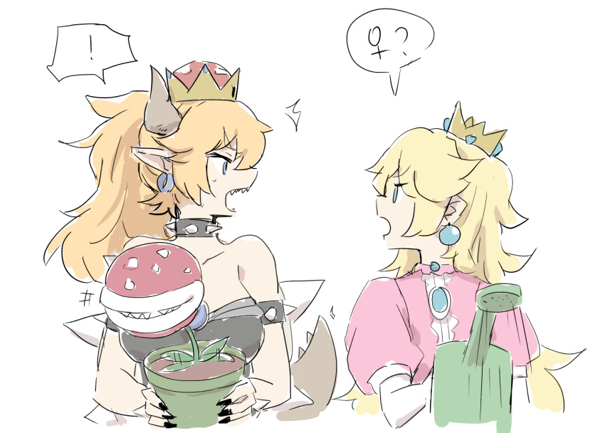 2girls bare_shoulders blonde_hair bowsette horns long_hair super_mario_bros. multiple_girls nejikyuu new_super_mario_bros._u_deluxe nintendo princess_peach puffy_short_sleeves puffy_sleeves short_sleeves sketch super_crown