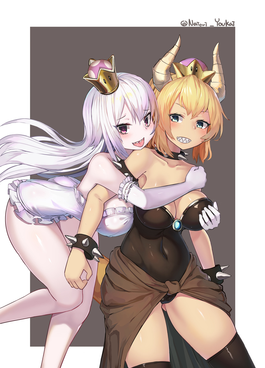 2girls :d armlet bangs bare_shoulders black_legwear blonde_hair blue_eyes bowsette bracelet collar commentary_request crown elbow_gloves eyebrows_visible_through_hair frilled_gloves frilled_leotard frills gloves grey_background grin hair_between_eyes highres horns hug hug_from_behind jewelry leotard long_hair luigi's_mansion super_mario_bros. mini_crown multiple_girls natori_youkai new_super_mario_bros._u_deluxe nintendo open_mouth pale_skin princess_king_boo red_eyes sharp_teeth silver_hair skindentation smile spiked_armlet spiked_bracelet spiked_collar spikes strapless strapless_leotard super_crown teeth thigh-highs tilted_headwear tongue tongue_out twitter_username two-tone_background very_long_hair white_background white_gloves white_leotard