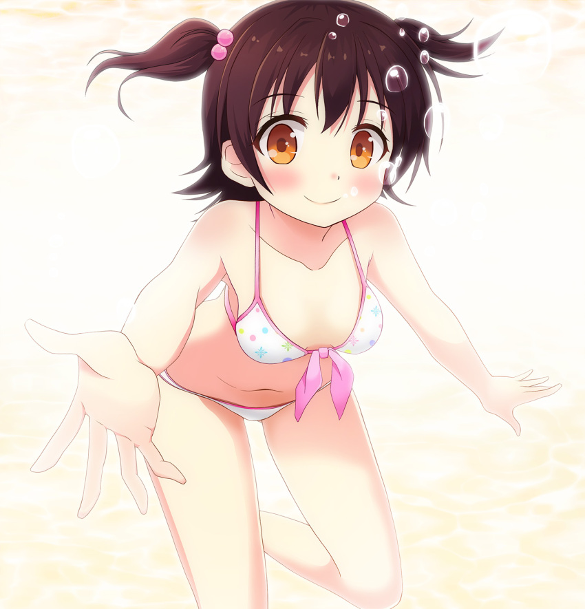 1girl akagi_miria bikini breasts brown_eyes brown_hair bubble hair_bobbles hair_ornament highres idolmaster idolmaster_cinderella_girls leaning_forward navel outstretched_hand short_hair simple_background small_breasts smile solo swimsuit two_side_up underwater white_background white_bikini white_swimsuit