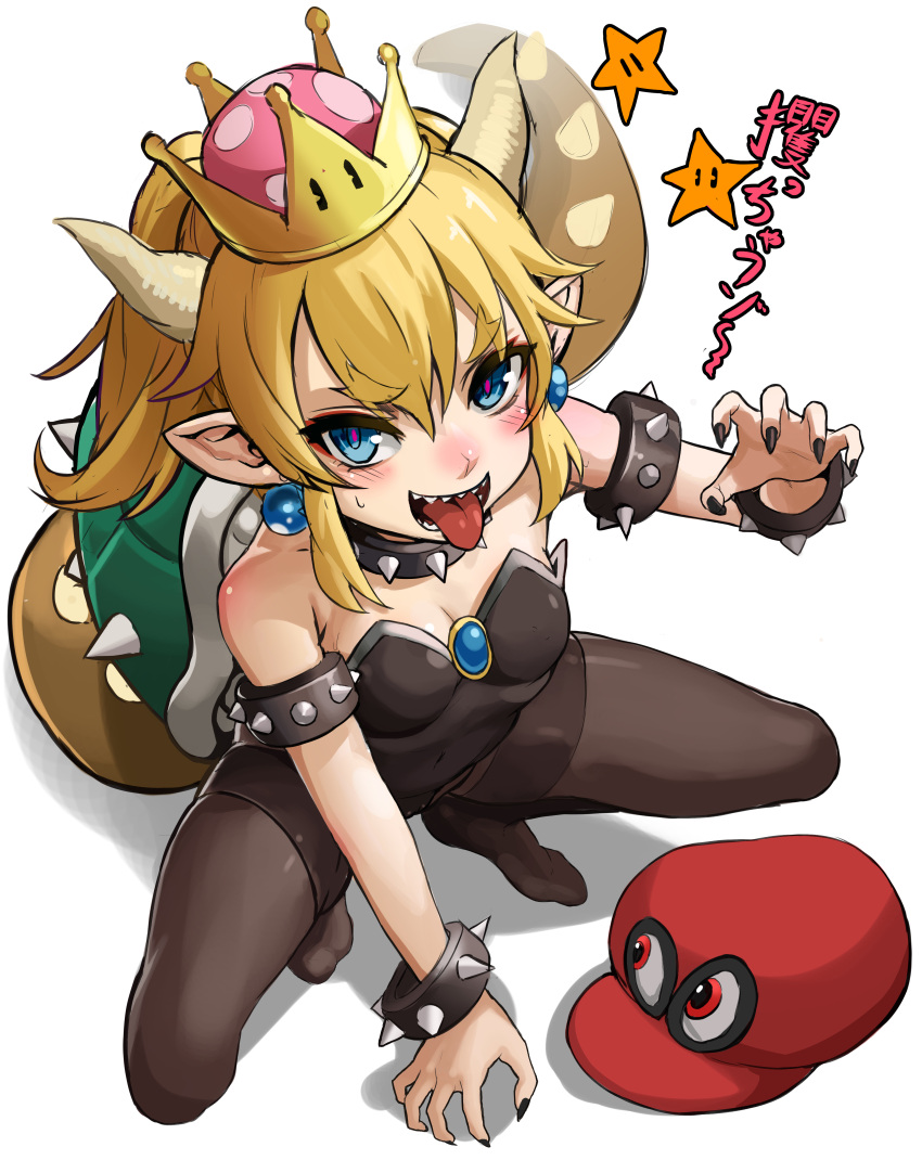 1girl :p absurdres bare_shoulders black_legwear black_nails blonde_hair blue_eyes blush bowsette bracelet breasts cabbie_hat cappy_(mario) cleavage collar crown dikko fingernails from_above full_body genderswap genderswap_(mtf) half-closed_eyes hat highres horns jewelry leotard looking_at_viewer super_mario_bros. nail_polish new_super_mario_bros._u_deluxe nintendo open_mouth pantyhose pointy_ears ponytail red_eyes red_hat sharp_fingernails sharp_teeth simple_background small_breasts smile solo spiked_armlet spiked_bracelet spiked_collar spiked_shell spikes squatting star super_crown super_mario_odyssey sweatdrop tail teeth text_focus tongue tongue_out translated white_background