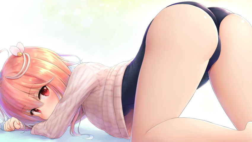 1girl ahoge ass bare_legs barefoot bent_over blush breasts commentary_request eyebrows_visible_through_hair from_behind full_body hair_ornament highres i-58_(kantai_collection) kantai_collection looking_at_viewer looking_back medium_breasts one-piece_swimsuit pink_eyes pink_hair school_swimsuit shiny shiny_clothes short_hair simple_background skindentation solo swimsuit swimsuit_under_clothes thighs top-down_bottom-up wamu_(chartreuse)