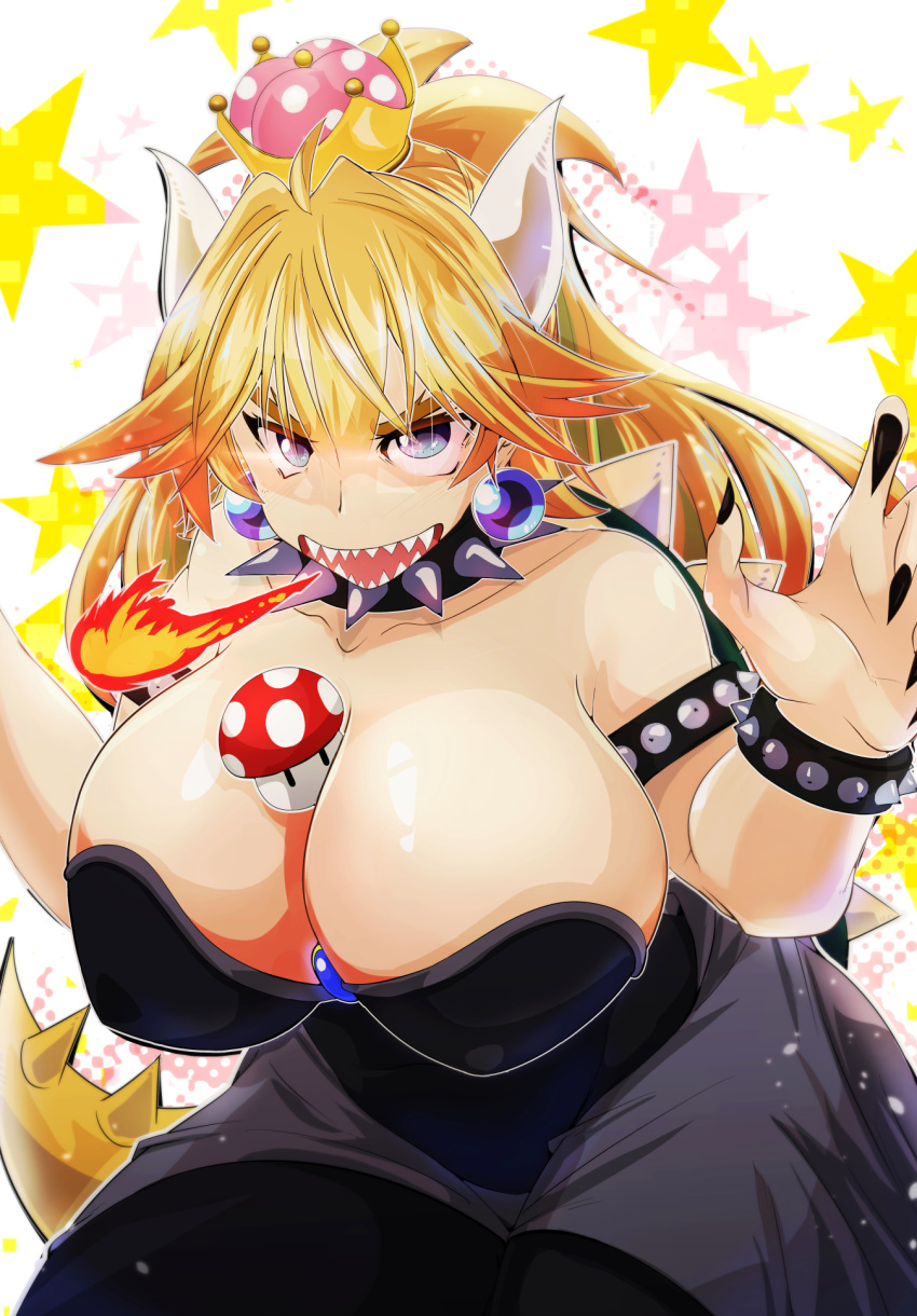 1girl ahoge alternate_eye_color aqua_eyes bangs bare_shoulders between_breasts black_dress black_nails blonde_hair blue_earrings blue_eyes bowsette bracelet breasts breathing_fire brooch claw_pose cleavage collar curvy dress endou_tatsumi eyebrows_visible_through_hair fingernails fire gradient_eyes hair_between_eyes highres horns huge_breasts jewelry long_hair long_ponytail looking_at_viewer super_mario_bros. multicolored multicolored_eyes mushroom nail_polish new_super_mario_bros._u_deluxe nintendo open_mouth plump sharp_fingernails sharp_teeth shiny shiny_hair sidelocks slit_pupils solo spiked_bracelet spiked_collar spiked_shell spiked_tail spikes star starry_background strapless strapless_dress super_crown teeth thick_thighs thighs violet_eyes white_background wide_hips