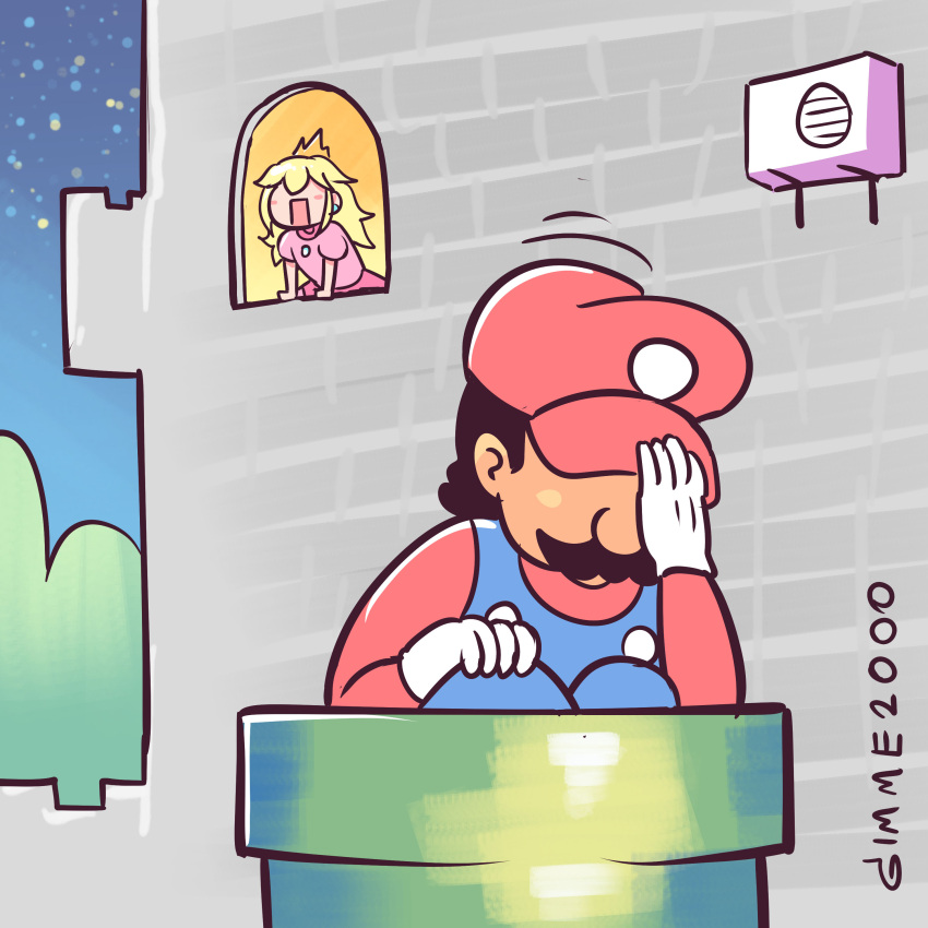 1boy 1girl 1koma absurdres blonde_hair blue_overalls brooch comic commentary dress facial_hair gimme2000 hat highres jewelry long_hair mario super_mario_bros. mustache nintendo pink_dress pipe princess_peach red_hat red_shirt shirt super_mario_bros. window