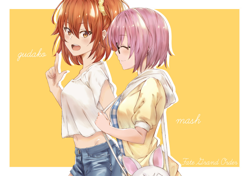 2girls absurdres bag bangs banka_(iqz2325) blue_pants blue_shirt blush casual character_name checkered checkered_shirt closed_eyes collarbone denim denim_shorts eyebrows_visible_through_hair fate/grand_order fate_(series) fou_(fate/grand_order) fujimaru_ritsuka_(female) glasses hair_between_eyes hair_ornament hair_scrunchie highres holding holding_bag hood hoodie index_finger_raised jacket mash_kyrielight multiple_girls navel open_mouth orange_eyes orange_hair pants pink_hair scrunchie shielder_(fate/grand_order) shirt short_hair short_sleeves shorts side_ponytail smile t-shirt teeth tongue white_shirt yellow_background yellow_coat yellow_hoodie