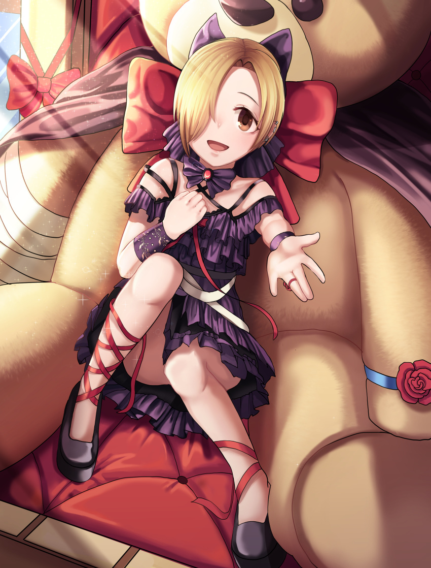 1girl :d absurdres black_footwear blonde_hair bow bowtie brown_eyes dress ear_piercing flower hair_over_one_eye highres idolmaster idolmaster_cinderella_girls idolmaster_cinderella_girls_starlight_stage leg_ribbon looking_at_viewer open_mouth outstretched_arm piercing purple_bow purple_dress red_flower red_ribbon red_rose ribbon rose shirasaka_koume short_dress short_hair shoulder_cutout sitting smile solo sparkle sunlight wnehdrl wristband