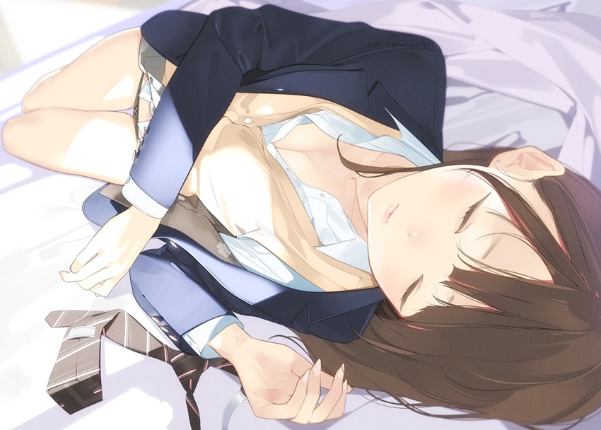1girl ama_mitsuki bare_legs bed_sheet black_panties blazer blue_jacket breasts brown_hair brown_vest buttons cleavage closed_eyes closed_mouth collared_shirt commentary_request grey_skirt indoors jacket jewelry long_hair long_sleeves lying medium_breasts necklace necktie necktie_removed on_bed on_side original panties school_uniform shirt skirt skirt_lift sleeping solo sweater_vest unbuttoned underwear vest white_shirt