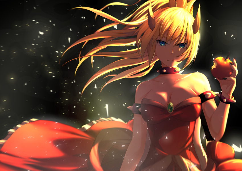 1girl alternate_color apple armlet bare_shoulders black_background blonde_hair blue_eyes bowsette bracelet breasts cleavage closed_mouth collar collarbone commentary_request cosmicsnic crown dress food fruit highres horns jewelry looking_at_viewer super_mario_bros. medium_breasts new_super_mario_bros._u_deluxe nintendo ponytail red_dress short_hair solo spiked_armlet spiked_bracelet spiked_collar spikes super_crown