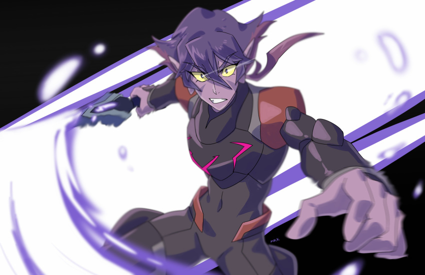 1girl absurdres alien black_hair commentary english_commentary facial_mark grey_eyes highres holding holding_sword holding_weapon ishmaiah_dado krolia multicolored_hair pointy_ears purple_hair purple_skin sword tagme two-tone_hair violet_eyes voltron:_legendary_defender weapon yellow_sclera