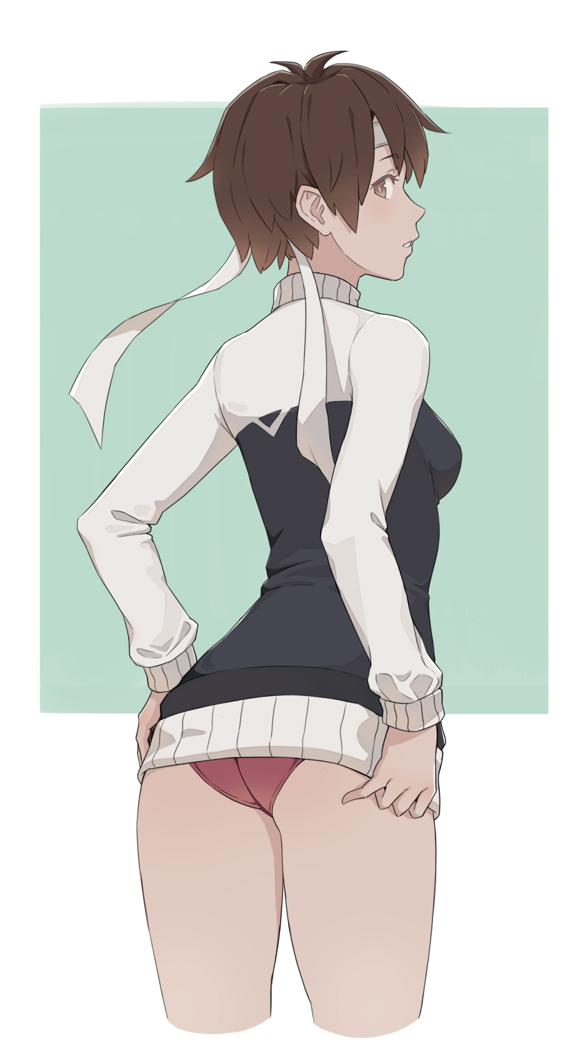 1girl brown_eyes brown_hair buruma cheshirrr cropped_legs from_behind headband highres kasugano_sakura looking_at_viewer looking_back red_buruma short_hair solo standing street_fighter street_fighter_v sweater