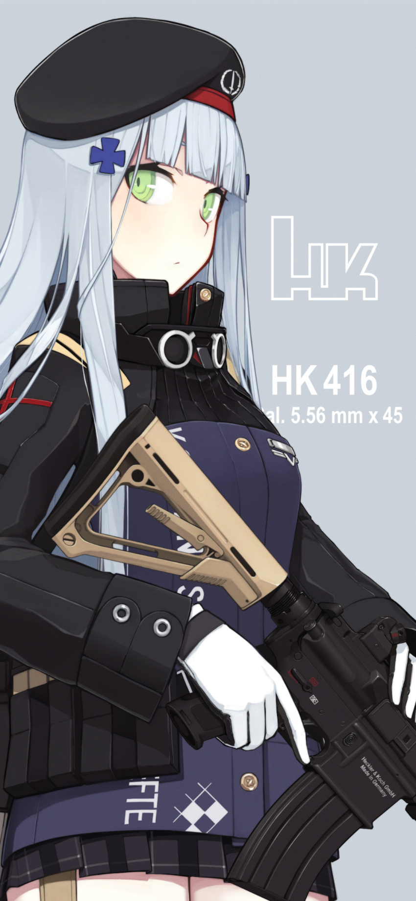 1girl absurdres assault_rifle bangs beret black_hat black_jacket black_skirt blunt_bangs blush breasts character_name closed_mouth commentary_request cowboy_shot girls_frontline gloves green_eyes grey_background gun hair_ornament hat heckler_&amp;_koch highres hk416 hk416_(girls_frontline) holding holding_gun holding_weapon jacket long_hair long_sleeves looking_at_viewer medium_breasts mikoto_(oi_plus) miniskirt object_namesake plaid plaid_skirt pleated_skirt rifle silver_hair simple_background skirt solo trigger_discipline very_long_hair weapon white_gloves