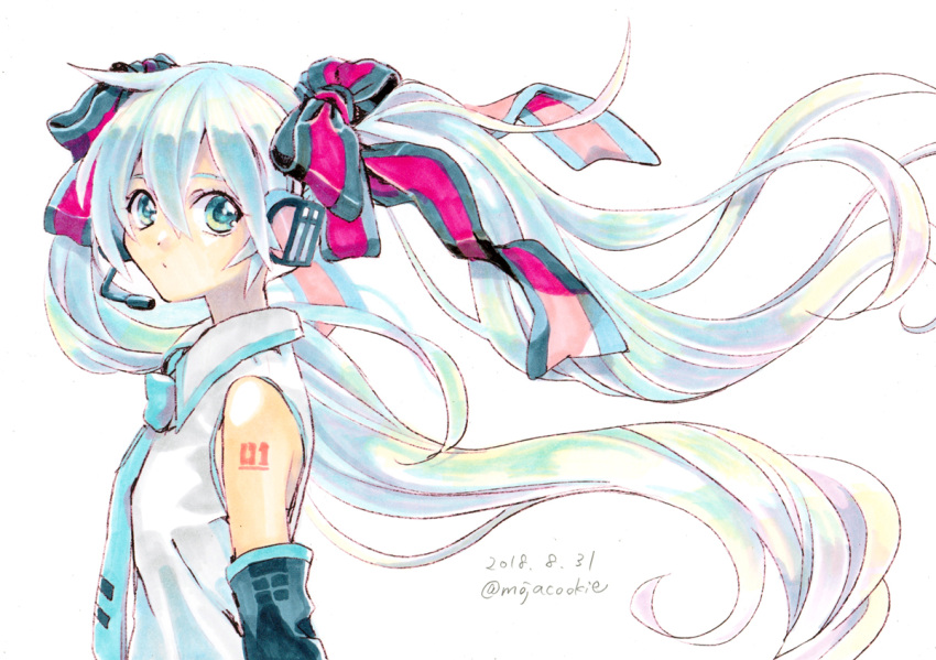 1girl aqua_eyes aqua_hair bangs black_bow bow collared_shirt dated detached_sleeves expressionless floating_hair from_side hair_between_eyes hair_bow hatsune_miku headphones headset long_hair looking_at_viewer marker_(medium) microphone mojacookie multicolored_hair necktie pink_bow shirt simple_background sleeveless solo striped striped_bow traditional_media twintails twitter_username upper_body very_long_hair vocaloid white_background white_hair