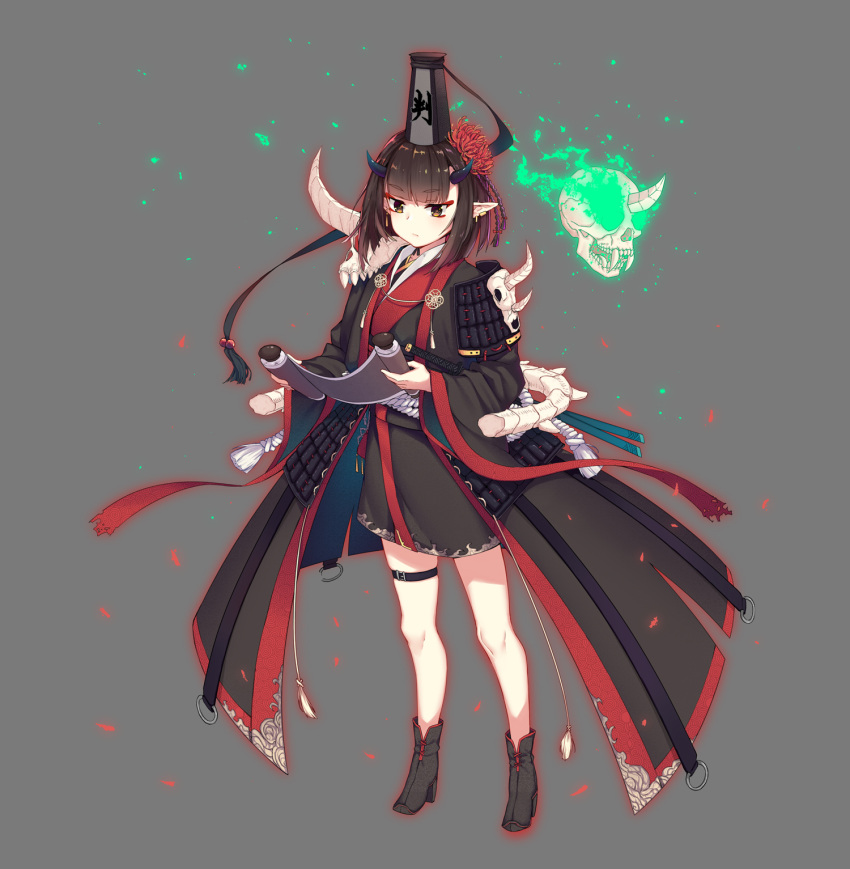 1girl animal_skull bangs black_coat black_footwear black_kimono boots brown_eyes brown_hair closed_mouth coat eyebrows_visible_through_hair flower glowing grey_background hair_flower hair_ornament hat highres holding horns japanese_clothes jie_(530940004) kimono long_sleeves makeup mini_hat obi open_clothes open_coat original red_flower sash short_hair short_kimono simple_background skindentation skull solo spine standing thigh_strap wide_sleeves