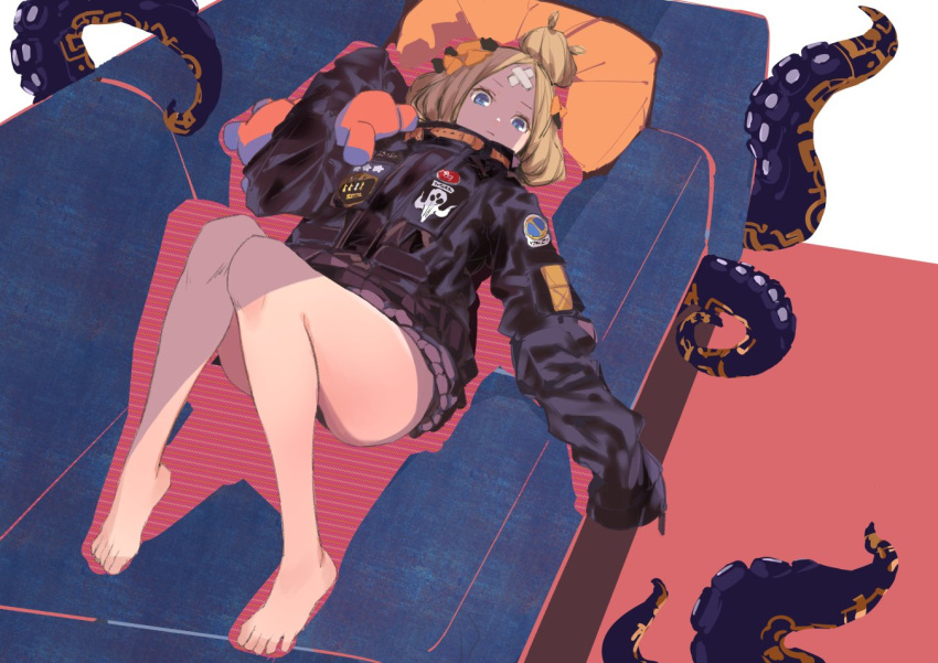 1girl abigail_williams_(fate/grand_order) bandaid_on_forehead bangs bare_legs barefoot black_bow black_jacket bow couch fate/grand_order fate_(series) hair_bun heroic_spirit_traveling_outfit jacket kanasebench lying on_back parted_bangs skirt sleeves_past_wrists stuffed_animal stuffed_toy teddy_bear tentacle