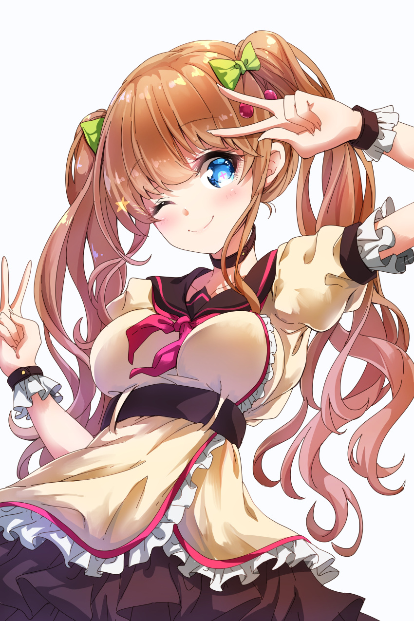 .live 1girl ;) absurdres arm_up bangs beige_dress blue_eyes blush bow breasts brown_hair closed_mouth darjeeling_(reley) double_v eyebrows_visible_through_hair fingernails green_bow grey_background hair_between_eyes hair_bow hair_ornament highres kakyouin_chieri large_breasts long_hair one_eye_closed puffy_short_sleeves puffy_sleeves short_sleeves sidelocks simple_background smile solo star twintails v very_long_hair virtual_youtuber wrist_cuffs