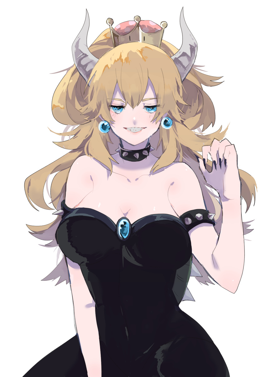 1girl absurdres bare_shoulders black_dress blonde_hair blue_eyes bowsette bracelet breasts brooch collar collarbone commentary_request covered_navel dress earrings fingernails higashino highres jewelry large_breasts long_fingernails long_ponytail looking_at_viewer super_mario_bros. nail_polish new_super_mario_bros._u_deluxe nintendo simple_background sleeveless sleeveless_dress smile spiked_bracelet spiked_collar spikes strapless strapless_dress super_crown wide_ponytail