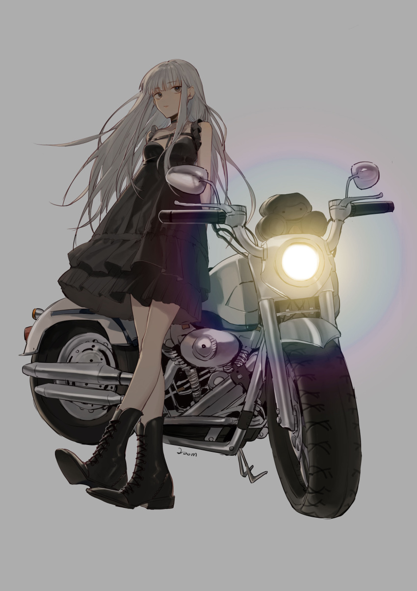 1girl absurdres bangs bare_shoulders black_dress black_footwear boots breasts brown_eyes cross-laced_footwear dress eyebrows_visible_through_hair full_body grey_background grey_hair ground_vehicle highres lace-up_boots layered_dress light long_hair looking_at_viewer motor_vehicle motorcycle original parted_lips pleated_dress signature simple_background sleeveless sleeveless_dress small_breasts solo standing very_long_hair zhibuji_loom